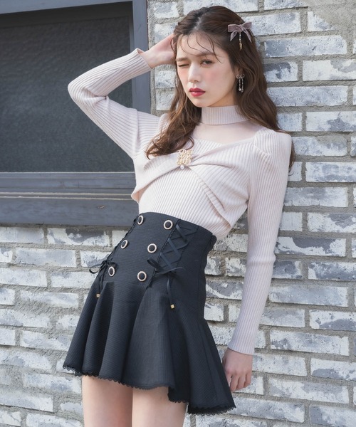 couture BY ROJITA(クチュールバイロジータ)の「レースアップツイードフレアスカート(スカート・レディース・ブラック/ピンク/マルチ・FREE)」の8枚目の写真