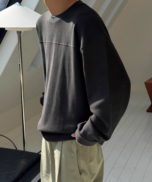 NOWLE】ルーズフィット クルーネック ワッフル サーマル スウェット