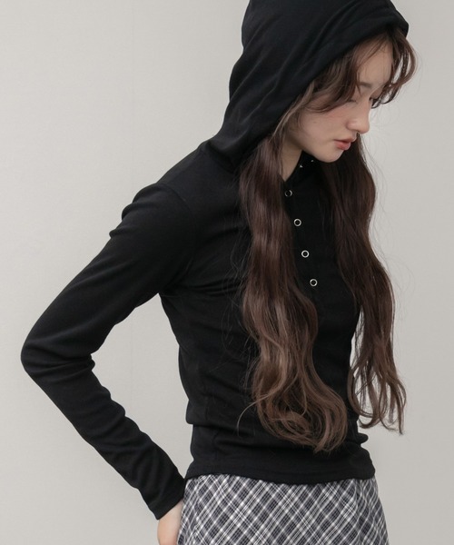 スナップ釦フーディーカットソー / オフホワイト アイボリー ホワイト