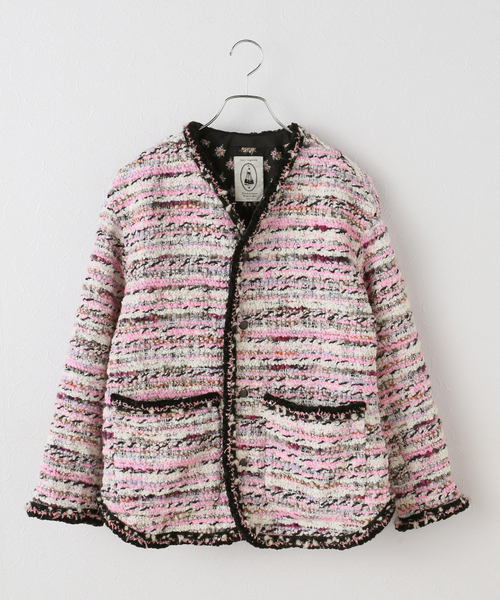 IENA（イエナ）の「leur logette/ルールロジェット tweed jacket ジャケット 2382（ノーカラージャケット・レディース・バーガンディー/パープル系その他/ブラック・FREE）」の3枚目の写真