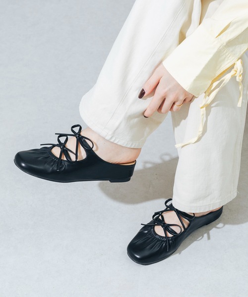 セール】【柔らかい・軽量】ギャザーリボン4.5cmウエッジミュール