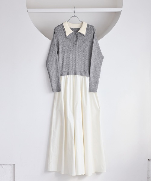 VIS（ビス）の「ダブルカラーポロニットドッキングワンピース（ワンピース・レディース・ライトグレー/ネイビー・FREE）」の2枚目の写真
