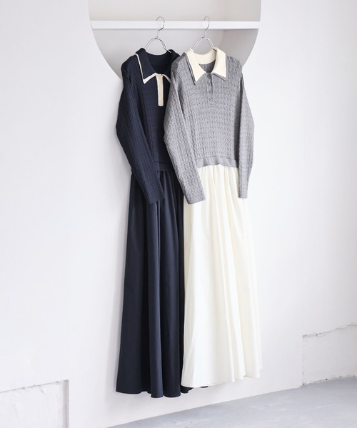 VIS（ビス）の「ダブルカラーポロニットドッキングワンピース（ワンピース・レディース・ライトグレー/ネイビー・FREE）」の3枚目の写真