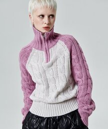 runningHIGH | カラー ブロック タートルネック ジップアップ ニット プルオーバー [ピンク](ニット/セーター)