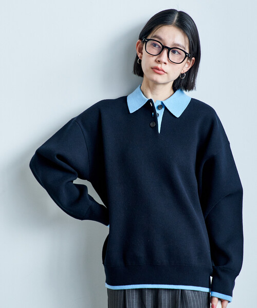 FREAK'S STORE(フリークスストア)の「<マシーンウォッシャブル> スウェットライク 配色ポロニット(ニット/セーター・レディース・ブラック/オフホワイト/ライトグレー/ネイビー・フリ-)」の3枚目の写真