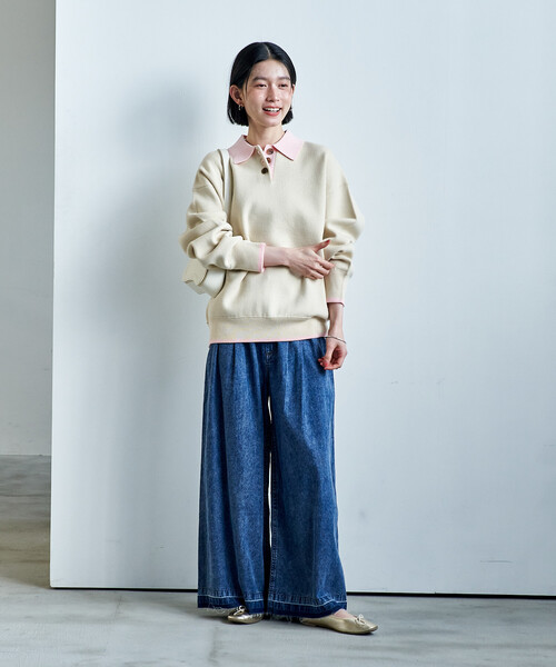 FREAK'S STORE(フリークスストア)の「<マシーンウォッシャブル> スウェットライク 配色ポロニット(ニット/セーター・レディース・ブラック/オフホワイト/ライトグレー/ネイビー・フリ-)」の5枚目の写真