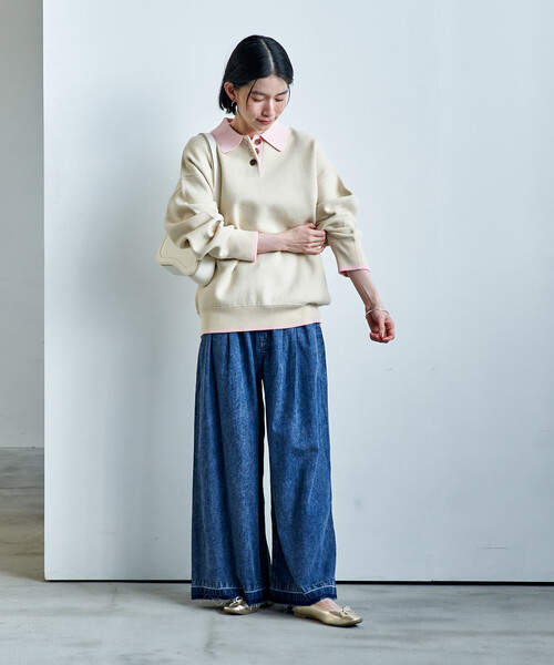 FREAK'S STORE(フリークスストア)の「<マシーンウォッシャブル> スウェットライク 配色ポロニット(ニット/セーター・レディース・ブラック/オフホワイト/ライトグレー/ネイビー・フリ-)」の6枚目の写真