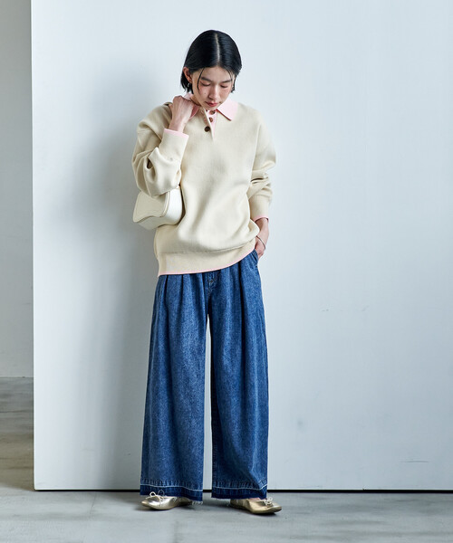 FREAK'S STORE(フリークスストア)の「<マシーンウォッシャブル> スウェットライク 配色ポロニット(ニット/セーター・レディース・ブラック/オフホワイト/ライトグレー/ネイビー・フリ-)」の7枚目の写真