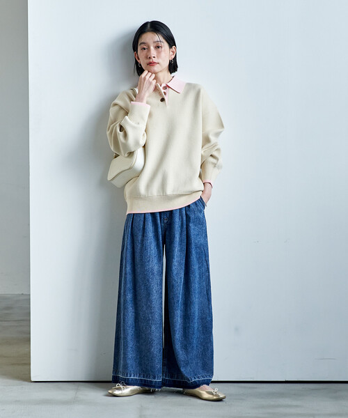 FREAK'S STORE(フリークスストア)の「<マシーンウォッシャブル> スウェットライク 配色ポロニット(ニット/セーター・レディース・ブラック/オフホワイト/ライトグレー/ネイビー・フリ-)」の8枚目の写真