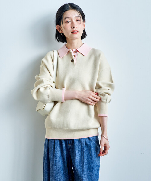 FREAK'S STORE(フリークスストア)の「<マシーンウォッシャブル> スウェットライク 配色ポロニット(ニット/セーター・レディース・ブラック/オフホワイト/ライトグレー/ネイビー・フリ-)」の9枚目の写真