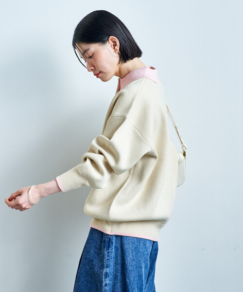 FREAK'S STORE(フリークスストア)の「<マシーンウォッシャブル> スウェットライク 配色ポロニット(ニット/セーター・レディース・ブラック/オフホワイト/ライトグレー/ネイビー・フリ-)」の10枚目の写真