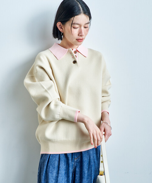 FREAK'S STORE(フリークスストア)の「<マシーンウォッシャブル> スウェットライク 配色ポロニット(ニット/セーター・レディース・ブラック/オフホワイト/ライトグレー/ネイビー・フリ-)」の12枚目の写真