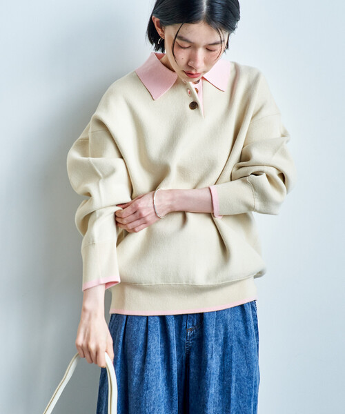 FREAK'S STORE(フリークスストア)の「<マシーンウォッシャブル> スウェットライク 配色ポロニット(ニット/セーター・レディース・ブラック/オフホワイト/ライトグレー/ネイビー・フリ-)」の13枚目の写真