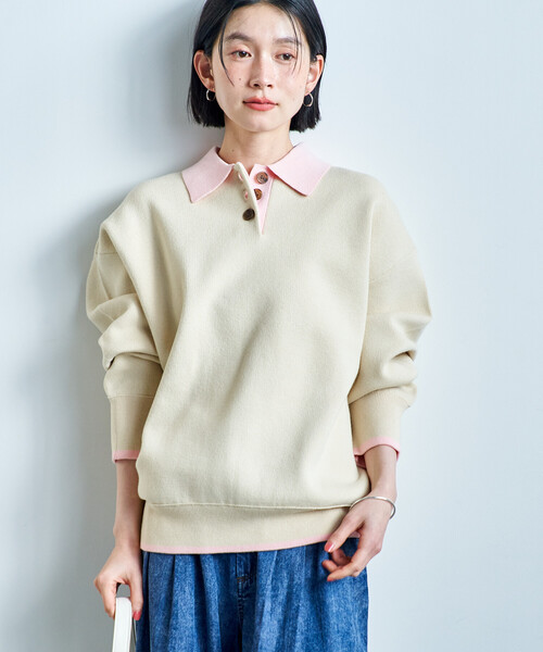 FREAK'S STORE(フリークスストア)の「<マシーンウォッシャブル> スウェットライク 配色ポロニット(ニット/セーター・レディース・ブラック/オフホワイト/ライトグレー/ネイビー・フリ-)」の15枚目の写真