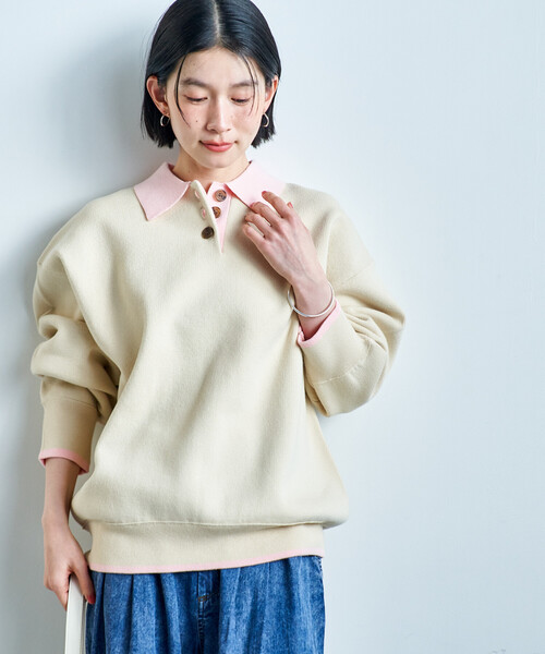 FREAK'S STORE(フリークスストア)の「<マシーンウォッシャブル> スウェットライク 配色ポロニット(ニット/セーター・レディース・ブラック/オフホワイト/ライトグレー/ネイビー・フリ-)」の16枚目の写真