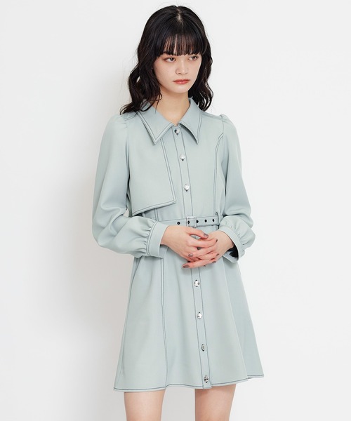 REDYAZEL（レディアゼル）の「バイカラーステッチフレアミニシャツワンピース（ワンピース・レディース・ミント/ライトグレー/ネイビー・MEDIUM/SMALL）」の2枚目の写真