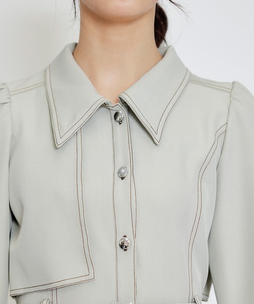 REDYAZEL（レディアゼル）の「バイカラーステッチフレアミニシャツワンピース（ワンピース・レディース・ミント/ライトグレー/ネイビー・MEDIUM/SMALL）」の5枚目の写真