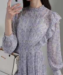 水彩柄 フリルデザイン 消しプリーツ ワンピース