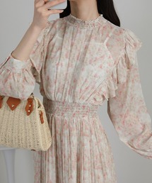 水彩柄 フリルデザイン 消しプリーツ ワンピース