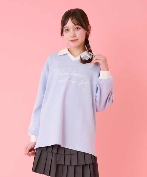 mezzo piano Junior(メゾピアノジュニア)の「袖レースユニホーム長袖Tシャツ(Tシャツ/カットソー・キッズ・サックスブルー/ネイビー・S:140cm/M:150cm/L:160cm)」の2枚目の写真