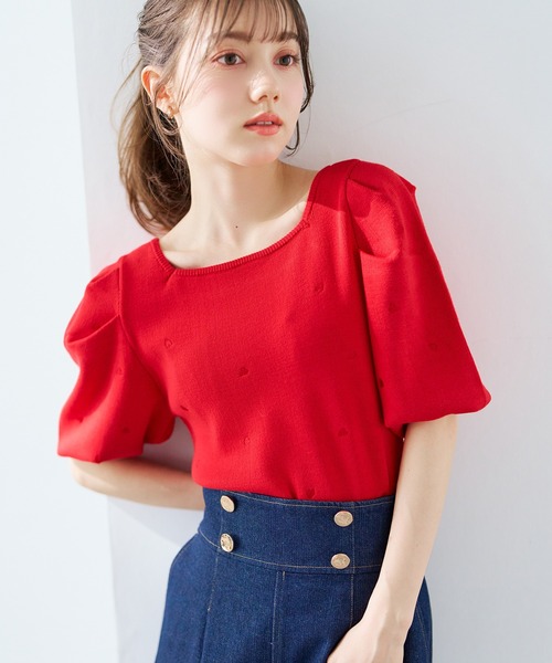 31 Sons de mode（トランテアン　ソン　ドゥ　モード）の「2026春夏新作 5分袖ハート刺繍ニット（ニット/セーター・レディース・ネイビー/レッド/オフホワイト・ﾌﾘ-）」の7枚目の写真