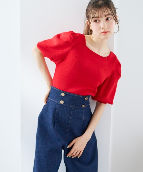 31 Sons de mode（トランテアン　ソン　ドゥ　モード）の「2026春夏新作 5分袖ハート刺繍ニット（ニット/セーター・レディース・ネイビー/レッド/オフホワイト・ﾌﾘ-）」の10枚目の写真