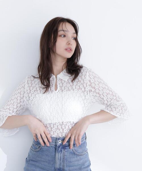 NATURAL BEAUTY BASIC(ナチュラルビューティーベーシック)の「◇シャツカラーレースカットソー(シャツ/ブラウス・レディース・オフホワイト/ブラック・FREE)」の16枚目の写真