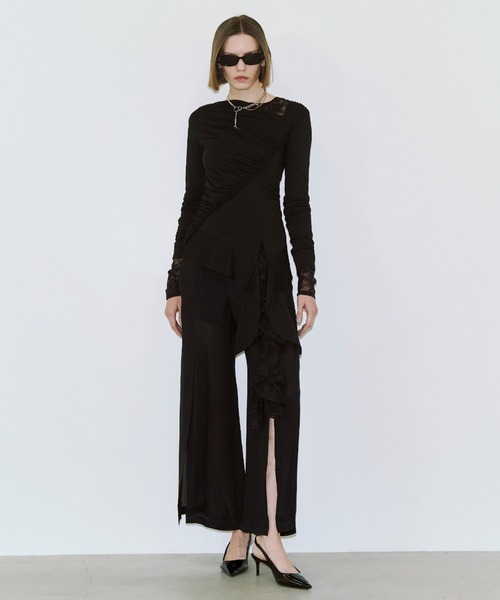 JOSE MOON（ジョゼムーン）の「GATHER SLOPE TOPS/ギャザースロープトップス（Tシャツ/カットソー・レディース・ブラック/グレー・FREE）」の7枚目の写真