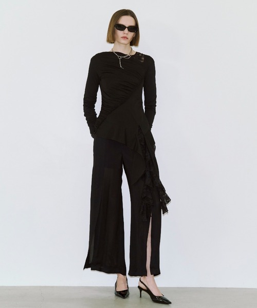 JOSE MOON（ジョゼムーン）の「GATHER SLOPE TOPS/ギャザースロープトップス（Tシャツ/カットソー・レディース・ブラック/グレー・FREE）」の8枚目の写真