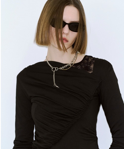 JOSE MOON（ジョゼムーン）の「GATHER SLOPE TOPS/ギャザースロープトップス（Tシャツ/カットソー・レディース・ブラック/グレー・FREE）」の10枚目の写真