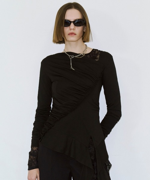 JOSE MOON（ジョゼムーン）の「GATHER SLOPE TOPS/ギャザースロープトップス（Tシャツ/カットソー・レディース・ブラック/グレー・FREE）」の3枚目の写真