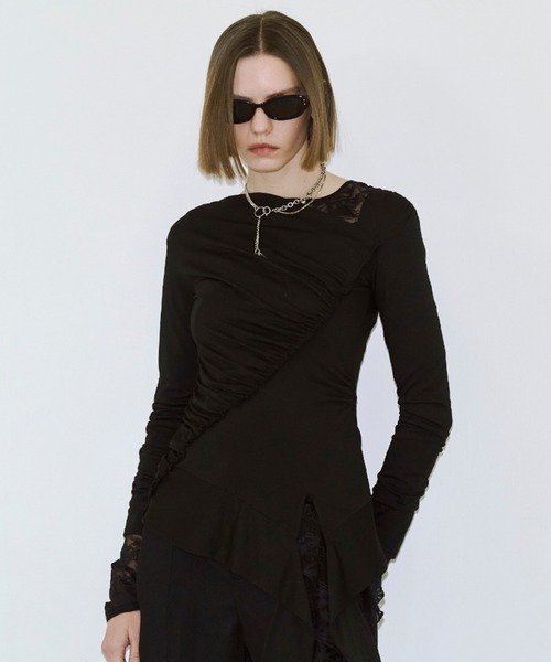 JOSE MOON（ジョゼムーン）の「GATHER SLOPE TOPS/ギャザースロープトップス（Tシャツ/カットソー・レディース・ブラック/グレー・FREE）」の4枚目の写真