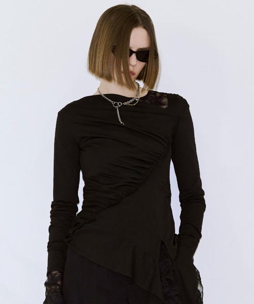 JOSE MOON（ジョゼムーン）の「GATHER SLOPE TOPS/ギャザースロープトップス（Tシャツ/カットソー・レディース・ブラック/グレー・FREE）」の5枚目の写真