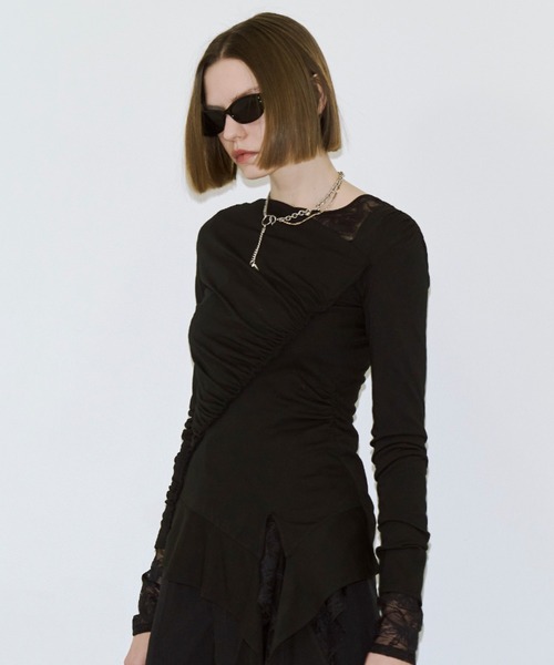 JOSE MOON（ジョゼムーン）の「GATHER SLOPE TOPS/ギャザースロープトップス（Tシャツ/カットソー・レディース・ブラック/グレー・FREE）」の6枚目の写真