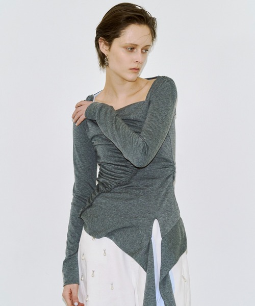 JOSE MOON（ジョゼムーン）の「GATHER SLOPE TOPS/ギャザースロープトップス（Tシャツ/カットソー・レディース・ブラック/グレー・FREE）」の14枚目の写真