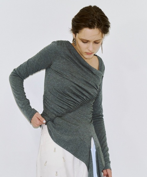 JOSE MOON（ジョゼムーン）の「GATHER SLOPE TOPS/ギャザースロープトップス（Tシャツ/カットソー・レディース・ブラック/グレー・FREE）」の15枚目の写真