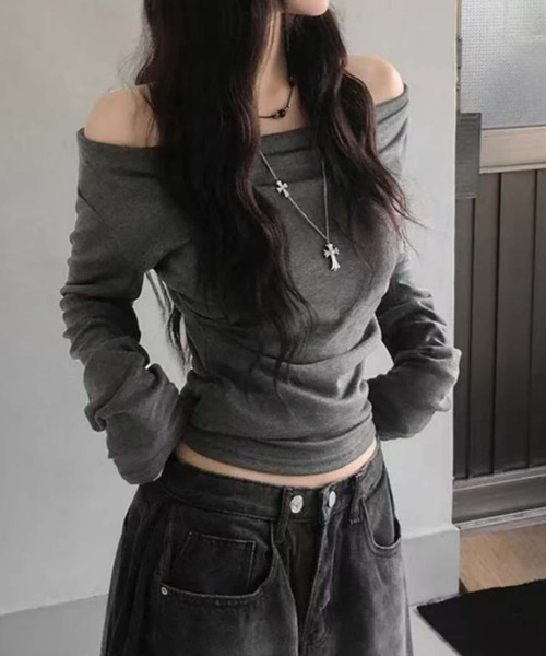 MAISON DE THERESE(メゾン ド テレーズ)の「ボートネック ギャザーT シャツ レディース 春秋着回し ロン T(Tシャツ/カットソー・レディース・グレー・M)」の5枚目の写真