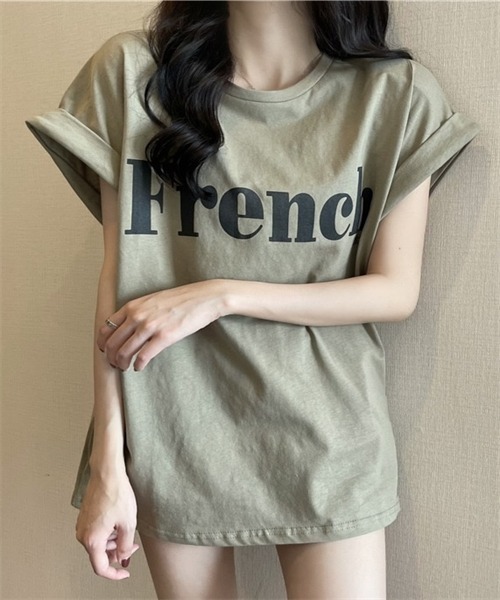 Dream garden（ドリームガーデン）の「袖ロールアップフロントプリントTシャツ（Tシャツ/カットソー・レディース・ブラック/カーキ/オフホワイト・M/L/XXL/XL）」の3枚目の写真