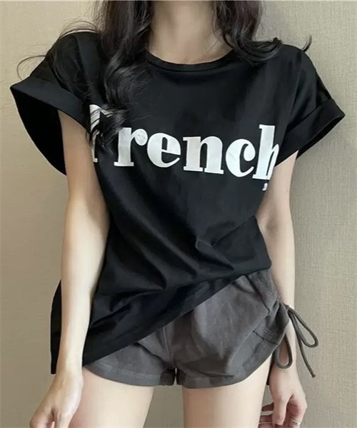 Dream garden（ドリームガーデン）の「袖ロールアップフロントプリントTシャツ（Tシャツ/カットソー・レディース・ブラック/カーキ/オフホワイト・M/L/XXL/XL）」の2枚目の写真