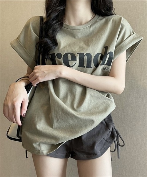 Dream garden（ドリームガーデン）の「袖ロールアップフロントプリントTシャツ（Tシャツ/カットソー・レディース・ブラック/カーキ/オフホワイト・M/L/XXL/XL）」の18枚目の写真