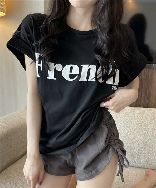 Dream garden（ドリームガーデン）の「袖ロールアップフロントプリントTシャツ（Tシャツ/カットソー・レディース・ブラック/カーキ/オフホワイト・M/L/XXL/XL）」の14枚目の写真