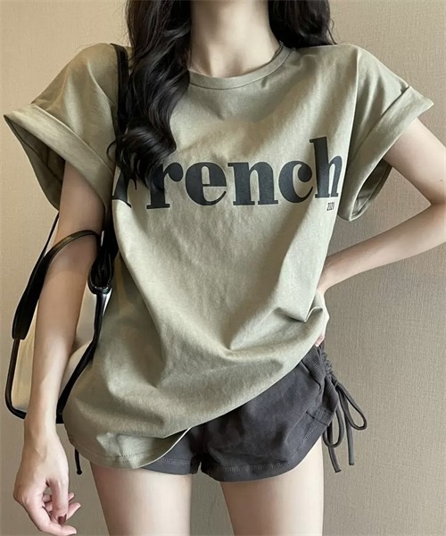 Dream garden（ドリームガーデン）の「袖ロールアップフロントプリントTシャツ（Tシャツ/カットソー・レディース・ブラック/カーキ/オフホワイト・M/L/XXL/XL）」の15枚目の写真