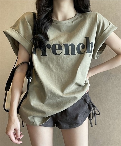 Dream garden（ドリームガーデン）の「袖ロールアップフロントプリントTシャツ（Tシャツ/カットソー・レディース・ブラック/カーキ/オフホワイト・M/L/XXL/XL）」の16枚目の写真