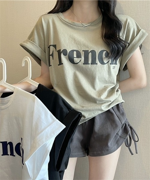 Dream garden（ドリームガーデン）の「袖ロールアップフロントプリントTシャツ（Tシャツ/カットソー・レディース・ブラック/カーキ/オフホワイト・M/L/XXL/XL）」の21枚目の写真