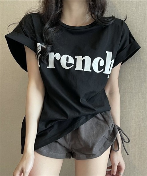 Dream garden（ドリームガーデン）の「袖ロールアップフロントプリントTシャツ（Tシャツ/カットソー・レディース・ブラック/カーキ/オフホワイト・M/L/XXL/XL）」の13枚目の写真