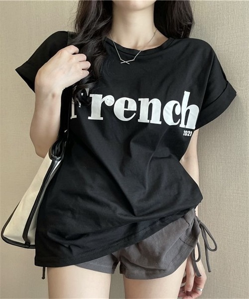 Dream garden（ドリームガーデン）の「袖ロールアップフロントプリントTシャツ（Tシャツ/カットソー・レディース・ブラック/カーキ/オフホワイト・M/L/XXL/XL）」の9枚目の写真