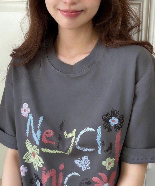 GEMEDA(ジェメダ)の「【2026SS新作】ガーリーイラストプリントTシャツ / オーバーサイズ / ゆるかわトップス / 韓国ファッション / Y2K(Tシャツ/カットソー・レディース・ネイビー/ホワイト/グレー・M)」の19枚目の写真