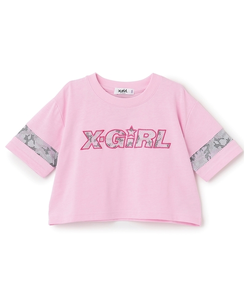 X-girl Stages(エックスガールステージス)の「総柄メッシュプリント ショート丈半袖Tシャツ(Tシャツ/カットソー・キッズ・ブラック/ライトブルー/ピンク・130cm/110cm/120cm/90cm/100cm/140cm)」の3枚目の写真