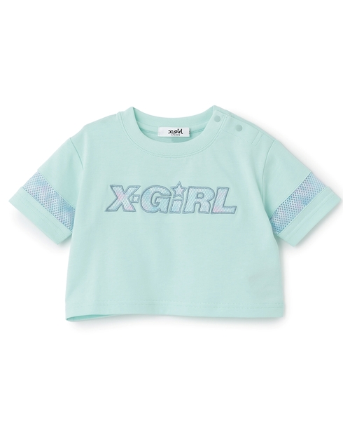 X-girl Stages(エックスガールステージス)の「総柄メッシュプリント ショート丈半袖Tシャツ(Tシャツ/カットソー・キッズ・ブラック/ライトブルー/ピンク・130cm/110cm/120cm/90cm/100cm/140cm)」の2枚目の写真