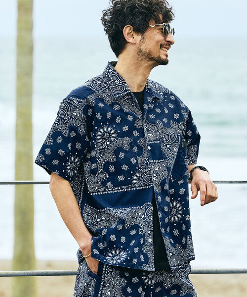 HAV-A-HANK(ハバハンク )の「HAV-A-HANK/ハバハンク HAV-A-HANK×FREAK'S STORE/ハバハンク 別注 バンダナ柄 S/Sオープンカラーシャツ(シャツ/ブラウス・メンズ・ネイビー/チャコールグレー・MEDIUM/LARGE)」の7枚目の写真